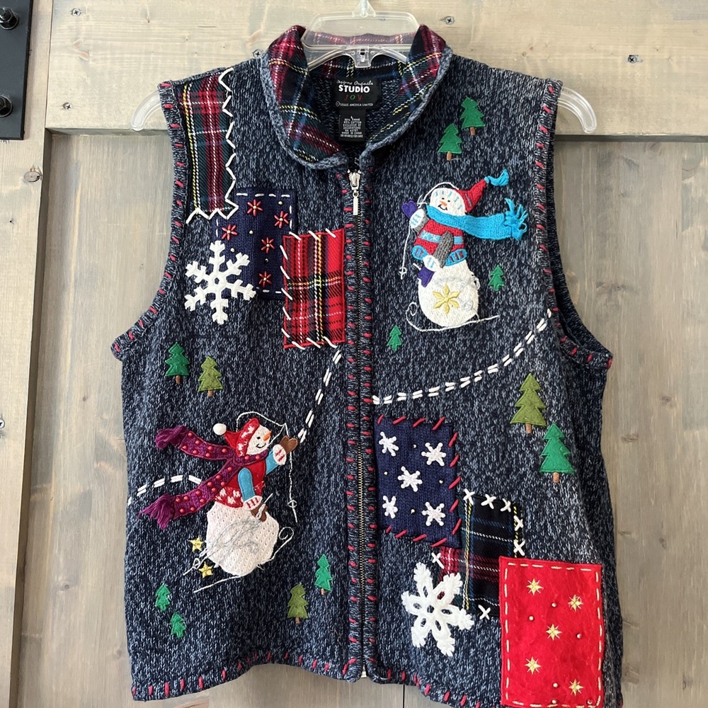 Vintage 90s Christmas Sweater Vest Women's Lg Full Zip Snowman Snowflake Plaid